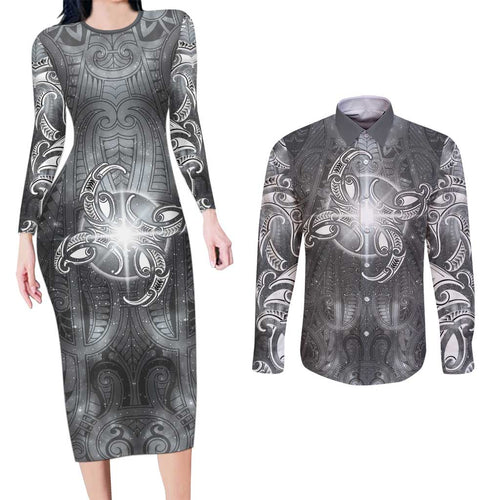 New Zealand Matariki Ururangi Couples Matching Long Sleeve Bodycon Dress and Long Sleeve Button Shirt Maori Moko Grey Galaxy