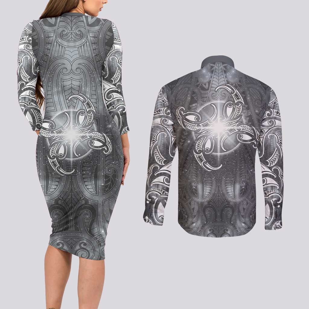 New Zealand Matariki Ururangi Couples Matching Long Sleeve Bodycon Dress and Long Sleeve Button Shirt Maori Moko Grey Galaxy