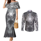 New Zealand Matariki Ururangi Couples Matching Mermaid Dress and Long Sleeve Button Shirt Maori Moko Grey Galaxy