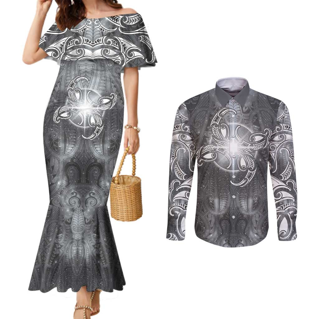 New Zealand Matariki Ururangi Couples Matching Mermaid Dress and Long Sleeve Button Shirt Maori Moko Grey Galaxy