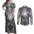 New Zealand Matariki Ururangi Couples Matching Off Shoulder Maxi Dress and Long Sleeve Button Shirt Maori Moko Grey Galaxy
