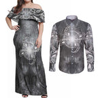 New Zealand Matariki Ururangi Couples Matching Off Shoulder Maxi Dress and Long Sleeve Button Shirt Maori Moko Grey Galaxy