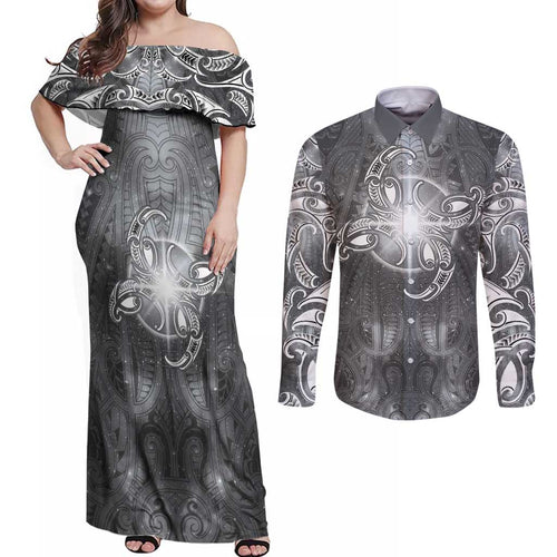 New Zealand Matariki Ururangi Couples Matching Off Shoulder Maxi Dress and Long Sleeve Button Shirt Maori Moko Grey Galaxy