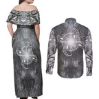 New Zealand Matariki Ururangi Couples Matching Off Shoulder Maxi Dress and Long Sleeve Button Shirt Maori Moko Grey Galaxy