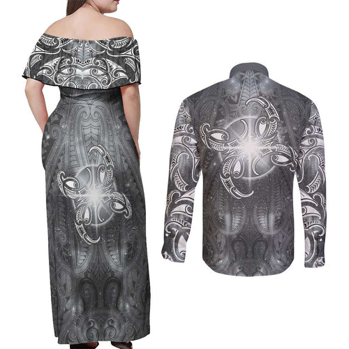 New Zealand Matariki Ururangi Couples Matching Off Shoulder Maxi Dress and Long Sleeve Button Shirt Maori Moko Grey Galaxy