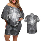 New Zealand Matariki Ururangi Couples Matching Off Shoulder Short Dress and Hawaiian Shirt Maori Moko Grey Galaxy