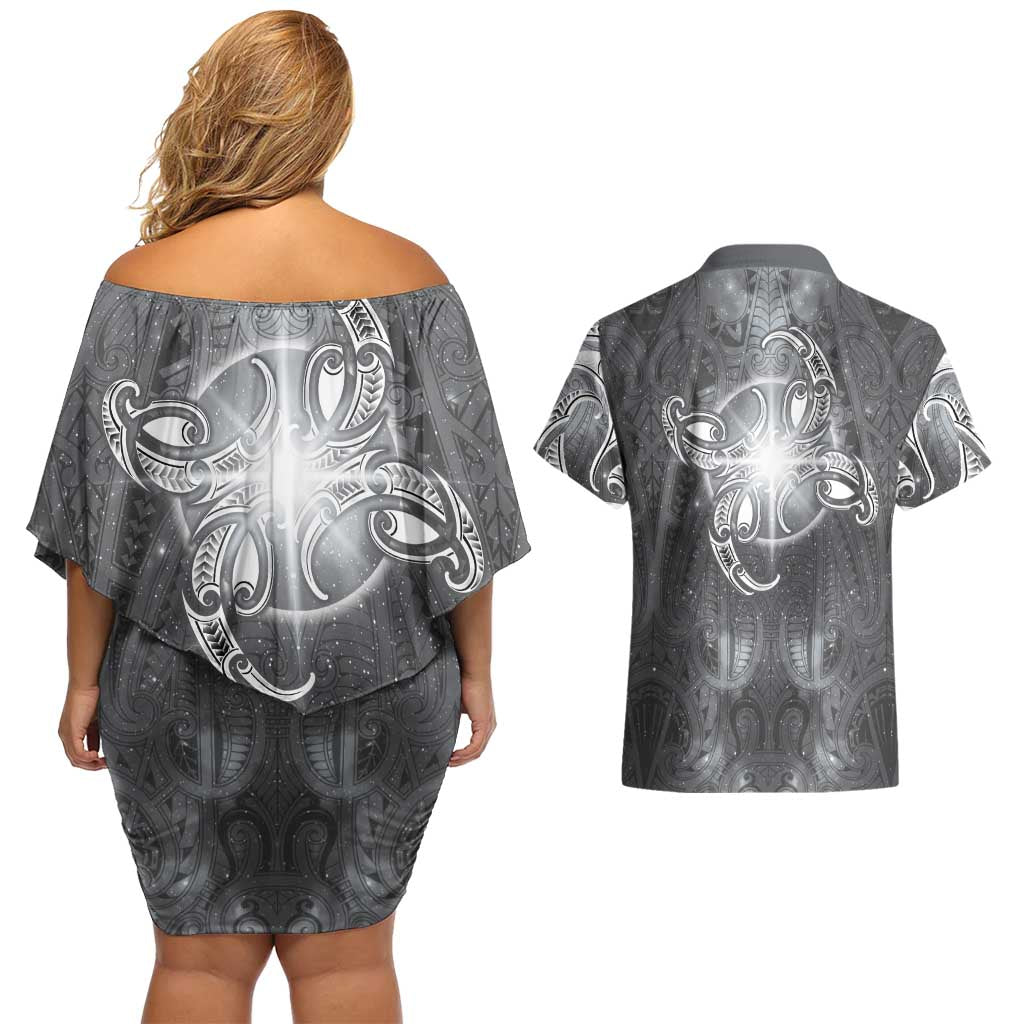 New Zealand Matariki Ururangi Couples Matching Off Shoulder Short Dress and Hawaiian Shirt Maori Moko Grey Galaxy