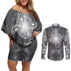 New Zealand Matariki Ururangi Couples Matching Off Shoulder Short Dress and Long Sleeve Button Shirt Maori Moko Grey Galaxy