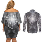 New Zealand Matariki Ururangi Couples Matching Off Shoulder Short Dress and Long Sleeve Button Shirt Maori Moko Grey Galaxy