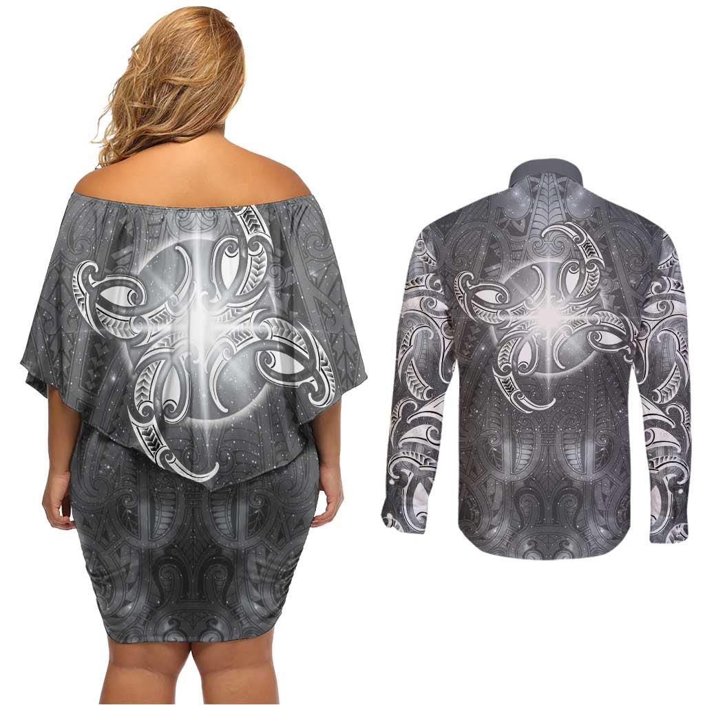 New Zealand Matariki Ururangi Couples Matching Off Shoulder Short Dress and Long Sleeve Button Shirt Maori Moko Grey Galaxy