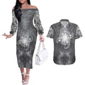 New Zealand Matariki Ururangi Couples Matching Off The Shoulder Long Sleeve Dress and Hawaiian Shirt Maori Moko Grey Galaxy