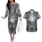 New Zealand Matariki Ururangi Couples Matching Off The Shoulder Long Sleeve Dress and Hawaiian Shirt Maori Moko Grey Galaxy