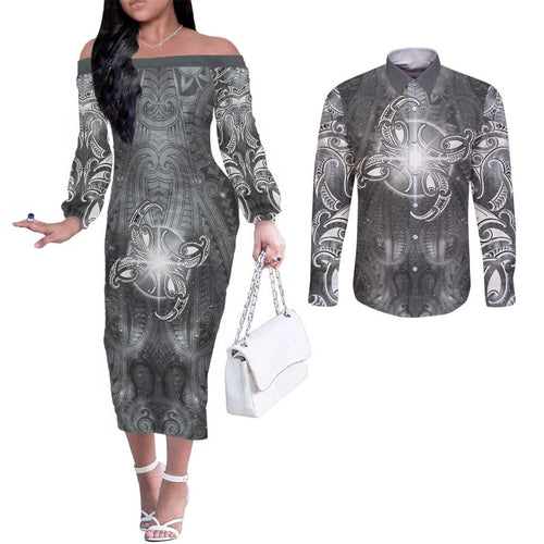 New Zealand Matariki Ururangi Couples Matching Off The Shoulder Long Sleeve Dress and Long Sleeve Button Shirt Maori Moko Grey Galaxy
