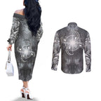 New Zealand Matariki Ururangi Couples Matching Off The Shoulder Long Sleeve Dress and Long Sleeve Button Shirt Maori Moko Grey Galaxy