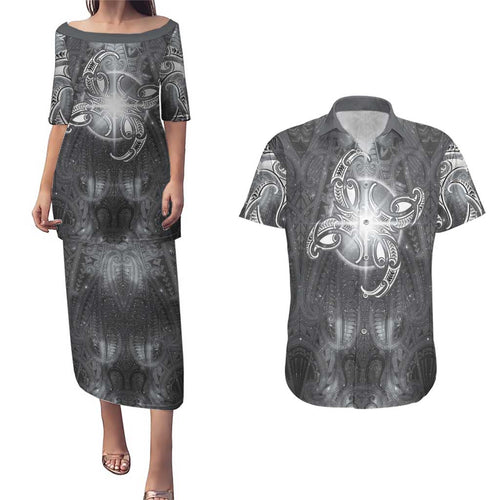 New Zealand Matariki Ururangi Couples Matching Puletasi and Hawaiian Shirt Maori Moko Grey Galaxy