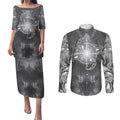 New Zealand Matariki Ururangi Couples Matching Puletasi and Long Sleeve Button Shirt Maori Moko Grey Galaxy