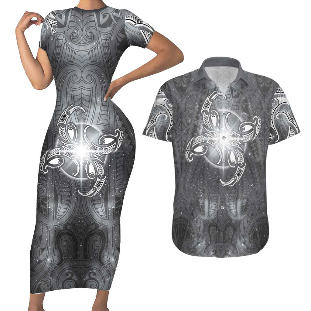 New Zealand Matariki Ururangi Couples Matching Short Sleeve Bodycon Dress and Hawaiian Shirt Maori Moko Grey Galaxy