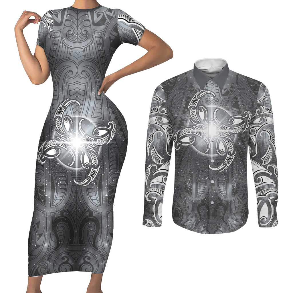 New Zealand Matariki Ururangi Couples Matching Short Sleeve Bodycon Dress and Long Sleeve Button Shirt Maori Moko Grey Galaxy