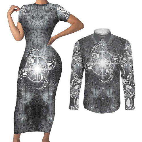 New Zealand Matariki Ururangi Couples Matching Short Sleeve Bodycon Dress and Long Sleeve Button Shirt Maori Moko Grey Galaxy