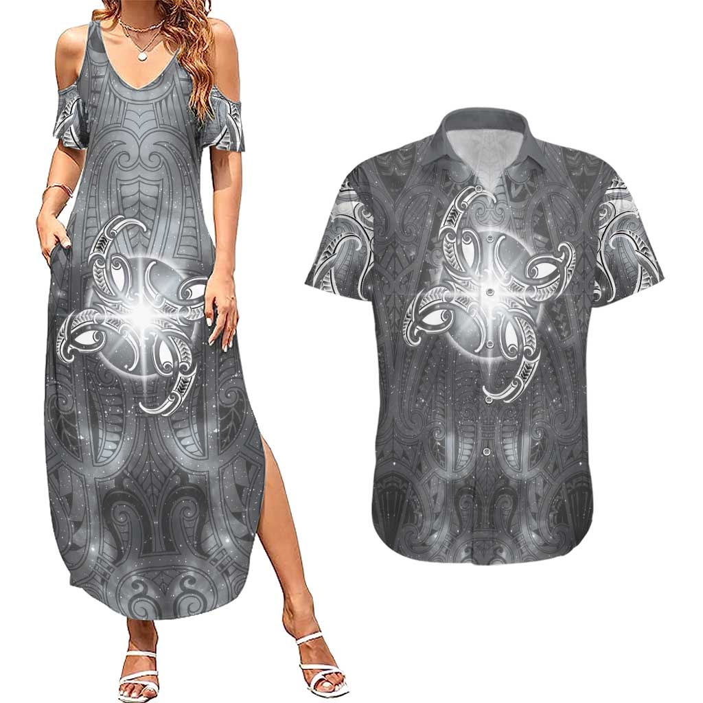 New Zealand Matariki Ururangi Couples Matching Summer Maxi Dress and Hawaiian Shirt Maori Moko Grey Galaxy