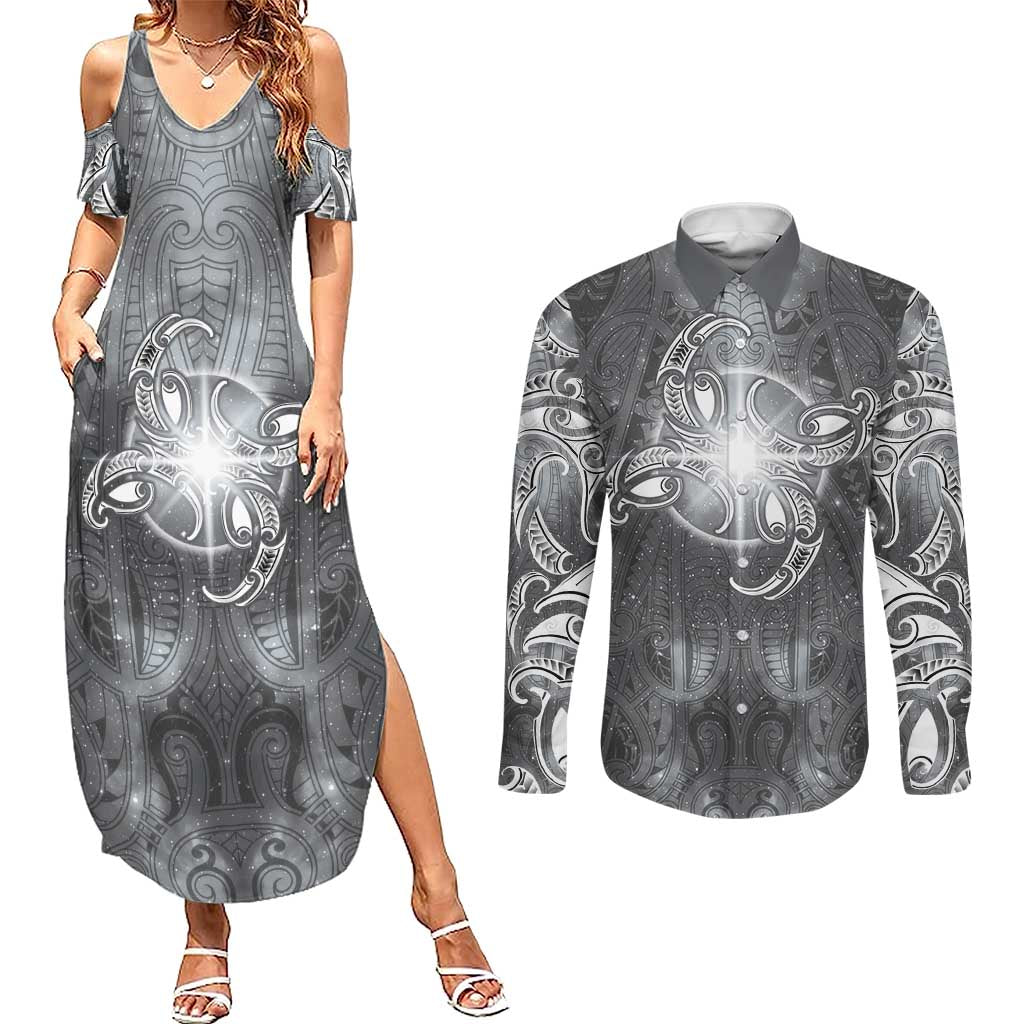 New Zealand Matariki Ururangi Couples Matching Summer Maxi Dress and Long Sleeve Button Shirt Maori Moko Grey Galaxy