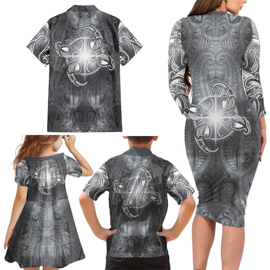 New Zealand Matariki Ururangi Family Matching Long Sleeve Bodycon Dress and Hawaiian Shirt Maori Moko Grey Galaxy