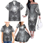 New Zealand Matariki Ururangi Family Matching Off The Shoulder Long Sleeve Dress and Hawaiian Shirt Maori Moko Grey Galaxy