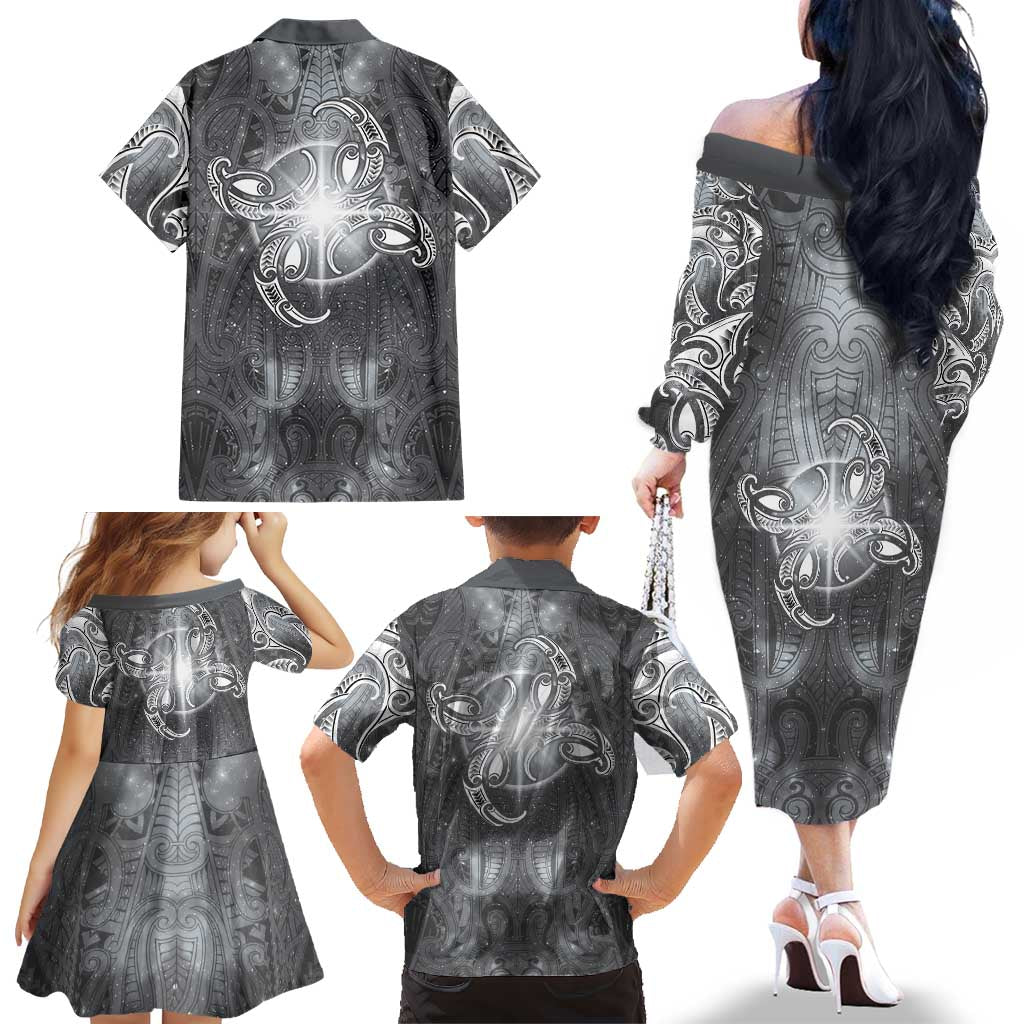 New Zealand Matariki Ururangi Family Matching Off The Shoulder Long Sleeve Dress and Hawaiian Shirt Maori Moko Grey Galaxy