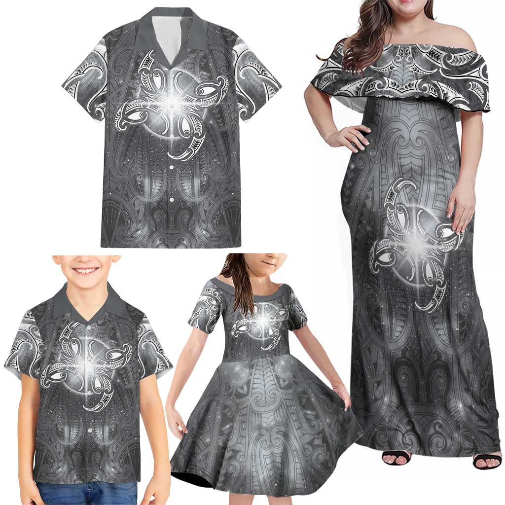 New Zealand Matariki Ururangi Family Matching Off Shoulder Maxi Dress and Hawaiian Shirt Maori Moko Grey Galaxy