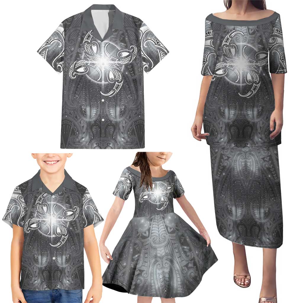 New Zealand Matariki Ururangi Family Matching Puletasi and Hawaiian Shirt Maori Moko Grey Galaxy