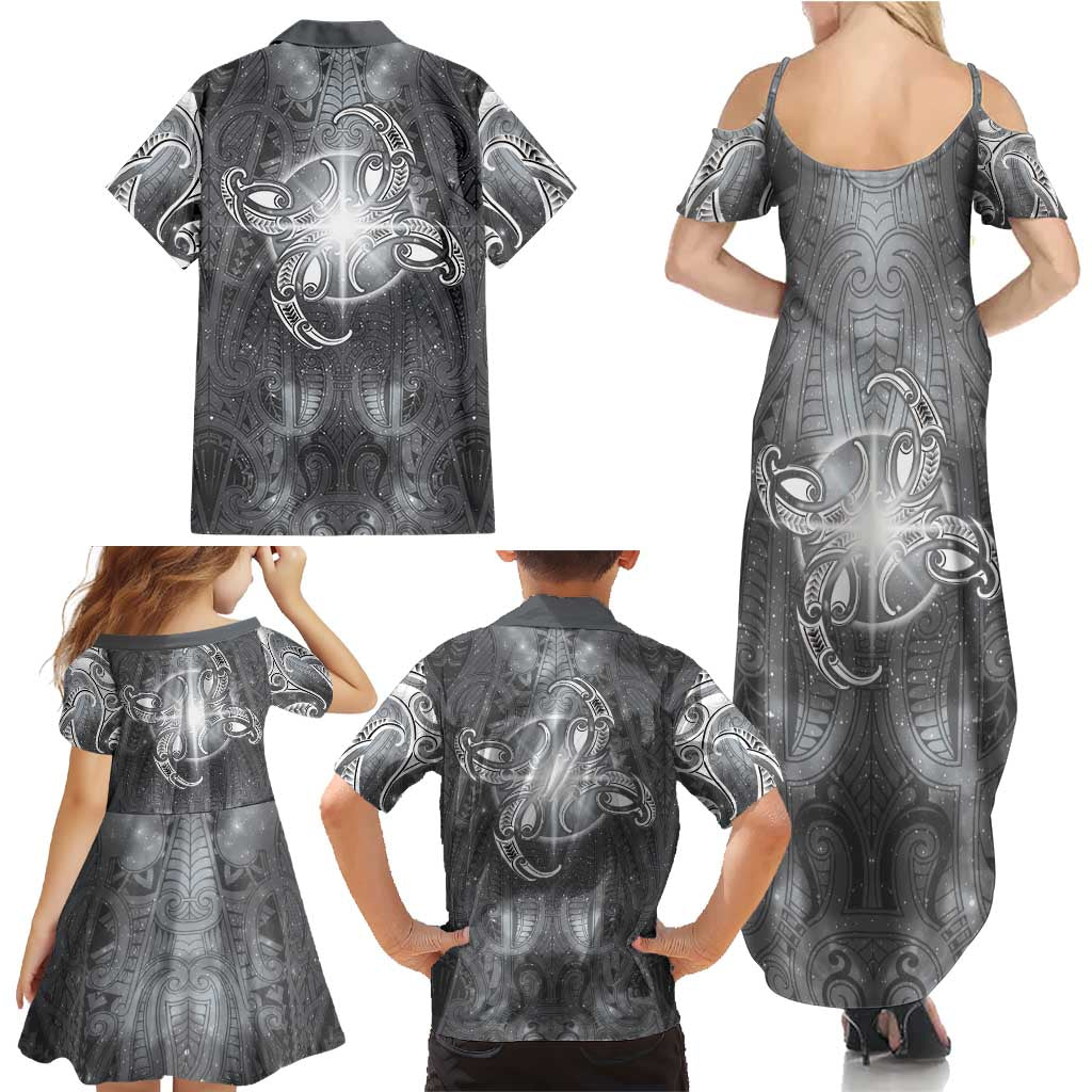 New Zealand Matariki Ururangi Family Matching Summer Maxi Dress and Hawaiian Shirt Maori Moko Grey Galaxy