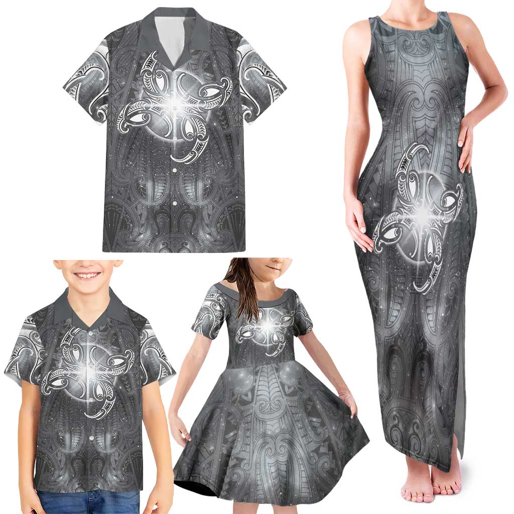 New Zealand Matariki Ururangi Family Matching Tank Maxi Dress and Hawaiian Shirt Maori Moko Grey Galaxy