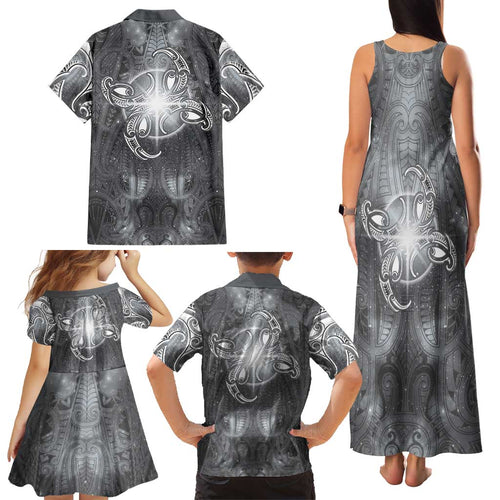 New Zealand Matariki Ururangi Family Matching Tank Maxi Dress and Hawaiian Shirt Maori Moko Grey Galaxy