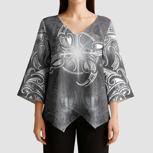 New Zealand Matariki Ururangi Kimono Sleeve Blouse Maori Moko Grey Galaxy