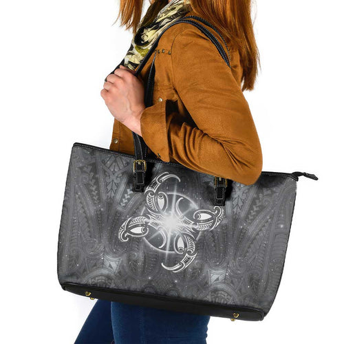 New Zealand Matariki Ururangi Leather Tote Bag Maori Moko Grey Galaxy