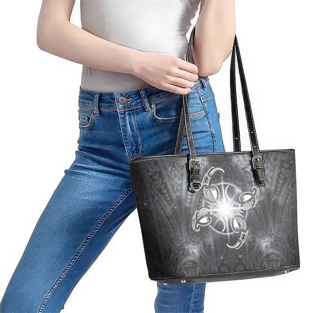 New Zealand Matariki Ururangi Leather Tote Bag Maori Moko Grey Galaxy
