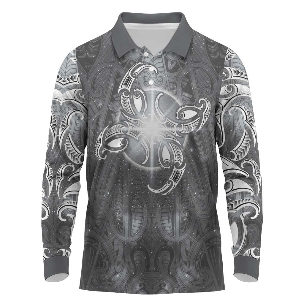 New Zealand Matariki Ururangi Long Sleeve Polo Shirt Maori Moko Grey Galaxy