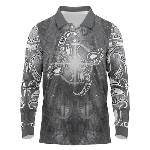 New Zealand Matariki Ururangi Long Sleeve Polo Shirt Maori Moko Grey Galaxy