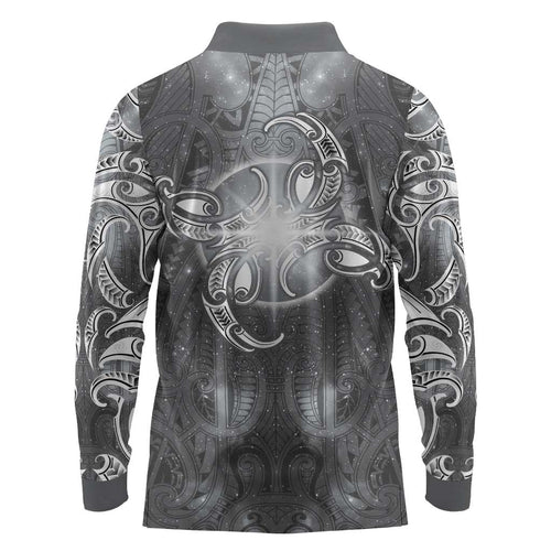 New Zealand Matariki Ururangi Long Sleeve Polo Shirt Maori Moko Grey Galaxy
