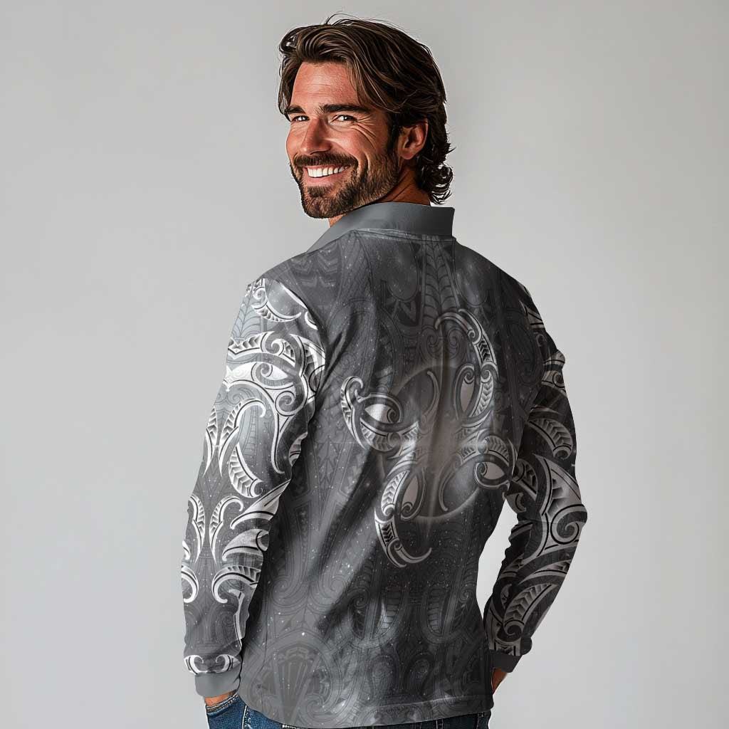 New Zealand Matariki Ururangi Long Sleeve Polo Shirt Maori Moko Grey Galaxy