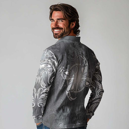 New Zealand Matariki Ururangi Long Sleeve Polo Shirt Maori Moko Grey Galaxy
