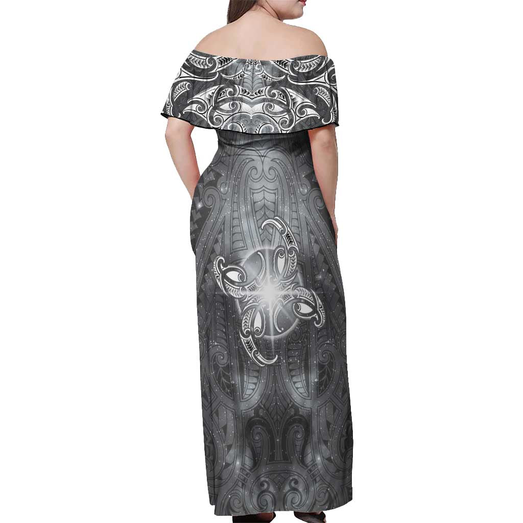 New Zealand Matariki Ururangi Off Shoulder Maxi Dress Maori Moko Grey Galaxy