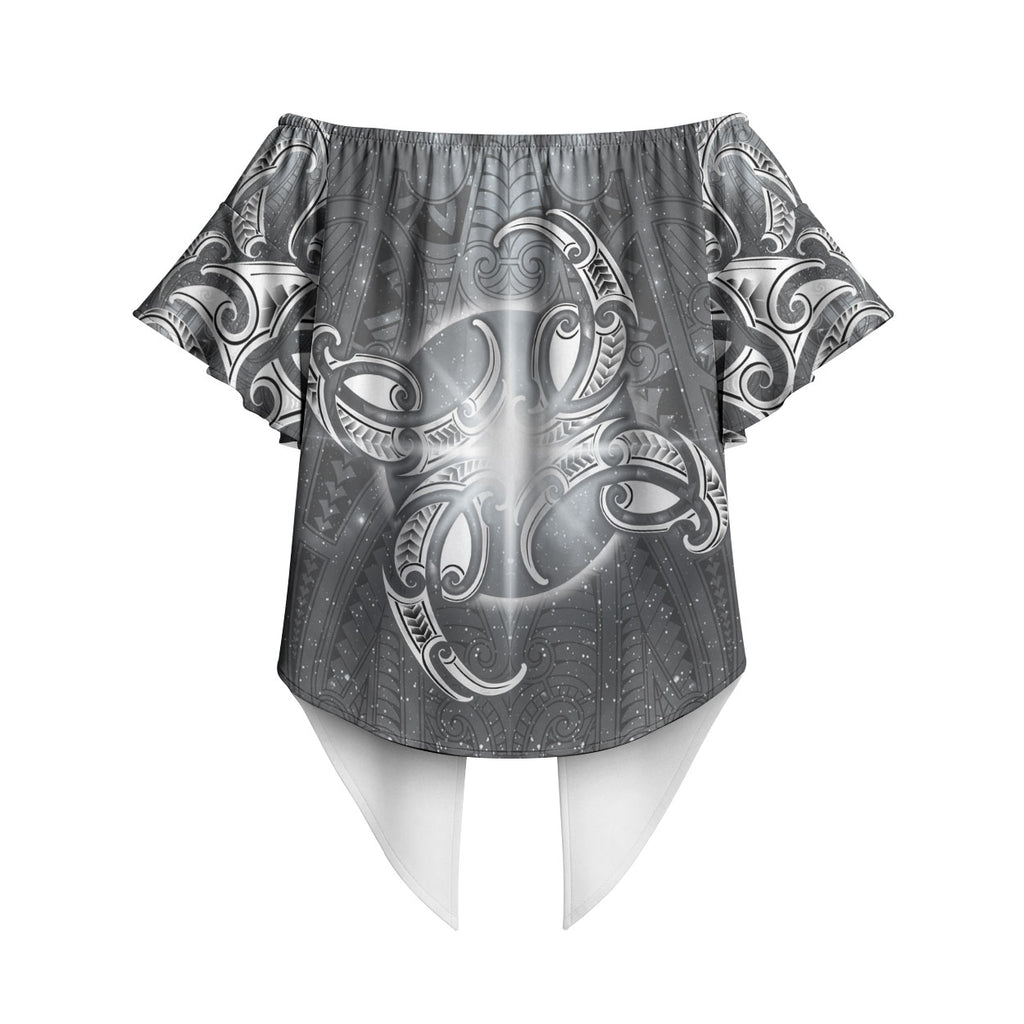 New Zealand Matariki Ururangi Off Shoulder Wrap Waist Top Maori Moko Grey Galaxy
