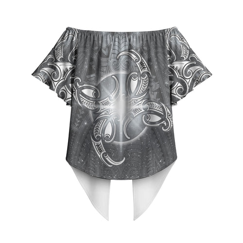 New Zealand Matariki Ururangi Off Shoulder Wrap Waist Top Maori Moko Grey Galaxy