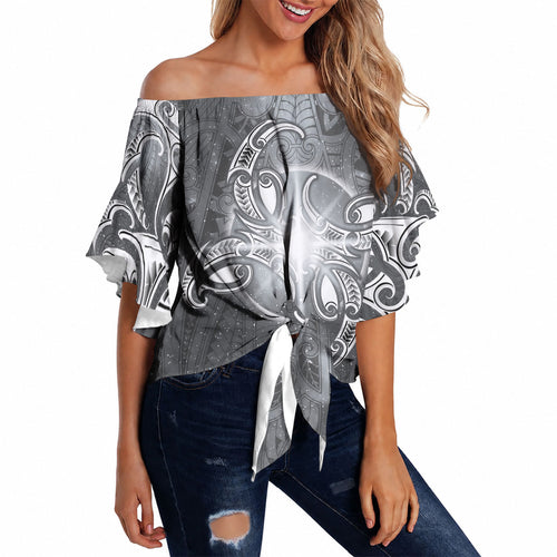 New Zealand Matariki Ururangi Off Shoulder Wrap Waist Top Maori Moko Grey Galaxy