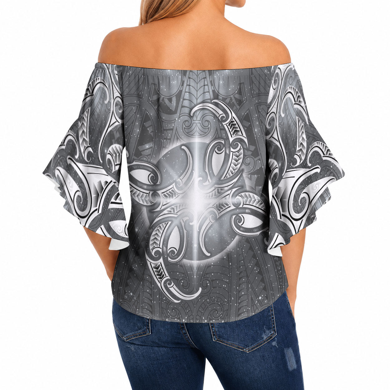 New Zealand Matariki Ururangi Off Shoulder Wrap Waist Top Maori Moko Grey Galaxy
