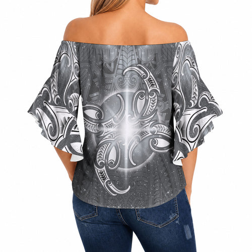 New Zealand Matariki Ururangi Off Shoulder Wrap Waist Top Maori Moko Grey Galaxy