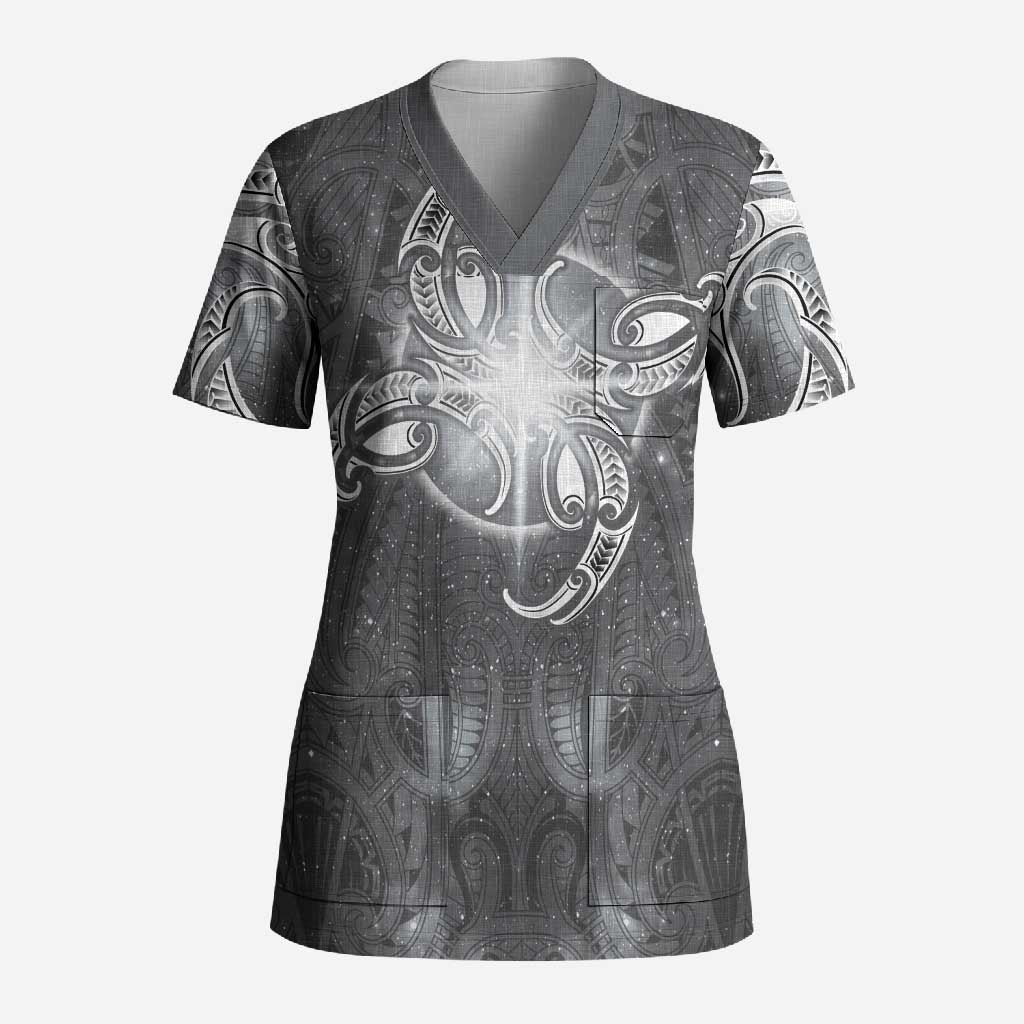 New Zealand Matariki Ururangi Scrub Top Maori Moko Grey Galaxy