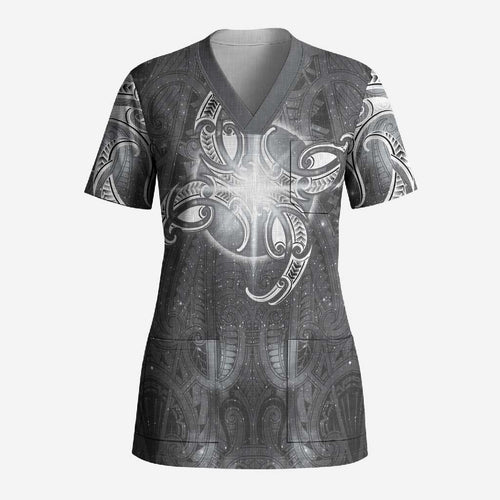 New Zealand Matariki Ururangi Scrub Top Maori Moko Grey Galaxy