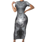 New Zealand Matariki Ururangi Short Sleeve Bodycon Dress Maori Moko Grey Galaxy